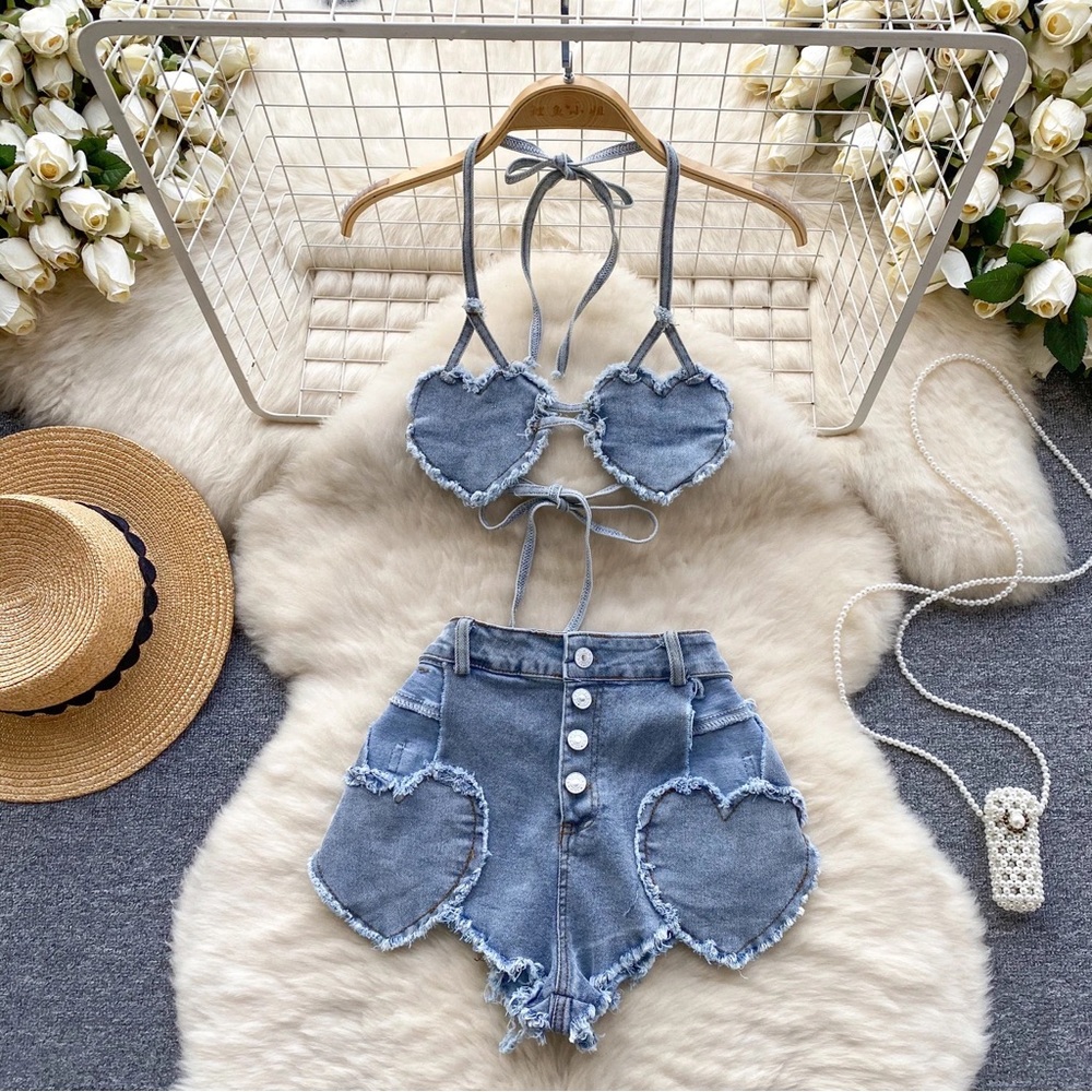 Denim Two Piece Set- Festival and Party Outfit, Denim Jean Shorts and Halter Top